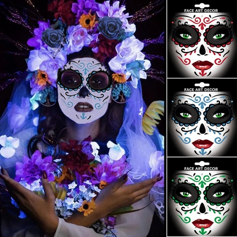 Halloween Tag Der Toten Gesicht Aufkleber Zucker Schädel Temporäre Tattoos Glitzer Party Make Up Dekoration Selbstklebend