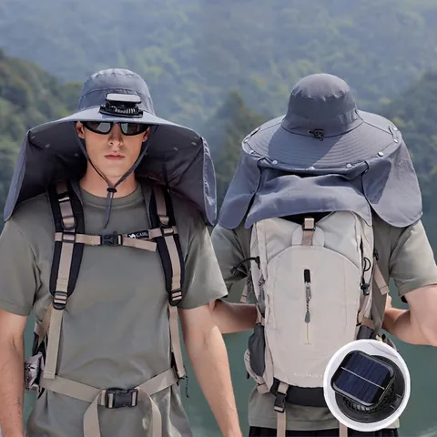 Outdoor Sun Hat With Solar Powered Fan Wide Brim Neck Flap Breathable Nylon Waterproof UV Protection For Fishing Hiking
