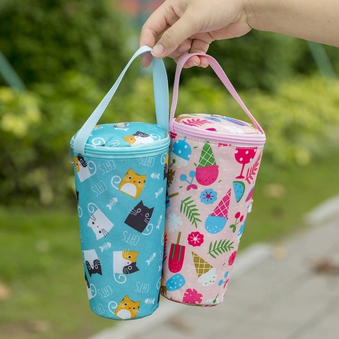 Portable Insulated Cup Sleeve Oxford Cloth Cartoon Print Water Bottle Carrier Bag With Handheld Strap Zipper Closure