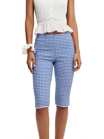 Women Plaid Cropped Capri Pants Slim Fit High Waist Stretch Trousers With Lace Trim Hem Casual Streetwear Street Style