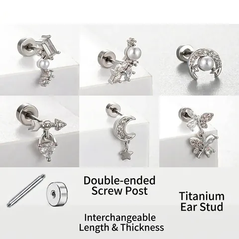 Titanium Steel Cartilage Stud Earrings Zircon Star Moon Butterfly Heart Arrow Design Silver Color Screw Back Piercing