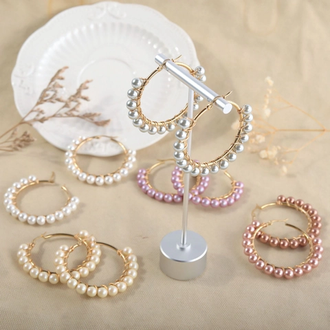 Hoop Earrings Stainless Steel Hand Wound Faux Artificial Pearl Colorful Round Circle Jewelry Bohemian Retro Minimalist For Women
