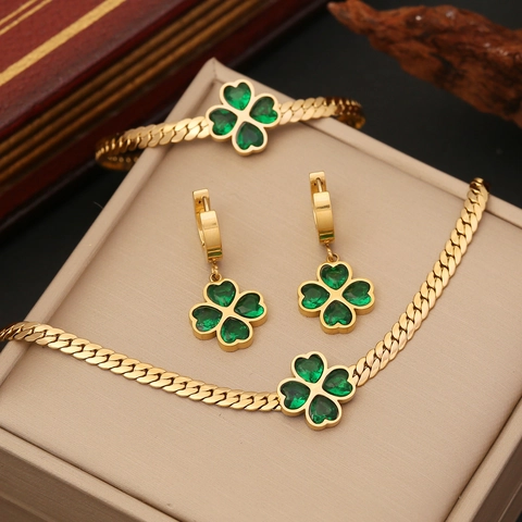 Acero Inoxidable Chapado En Oro Trébol Verde Collar Y Pendientes Y Pulsera Esmeralda Forma De Corazón Circón Joyería Mujer