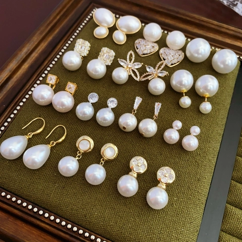 Artificial Pearl Earrings Zircon Inlaid Alloy Geometric Studs For Women With Silver Earring Post Elegant Gold Plated Jewelry Gift