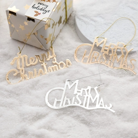 Christmas Iron Merry Christmas Letter Plate Hanging Ornament Metallic Glossy Xmas Tree Star Decoration Party Supplies