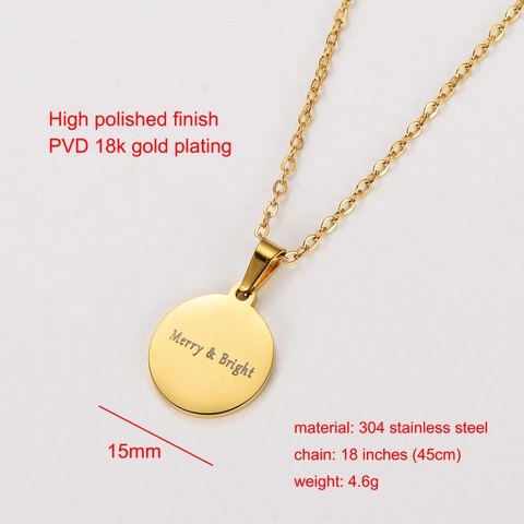 Collar Con Colgante Redondo Grabado Merry And Bright Acero Inoxidable 304 Joyería Minimalista De Navidad Para Parejas