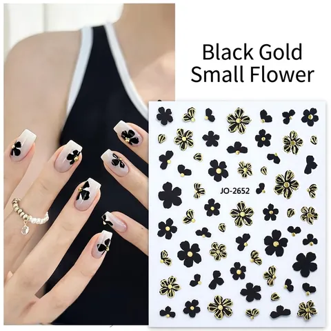 Adesivi Unghie Fiori Design Camelia Autoadesivi Eleganti Nero Oro Argento Decorazione Manicure Accessori Donne