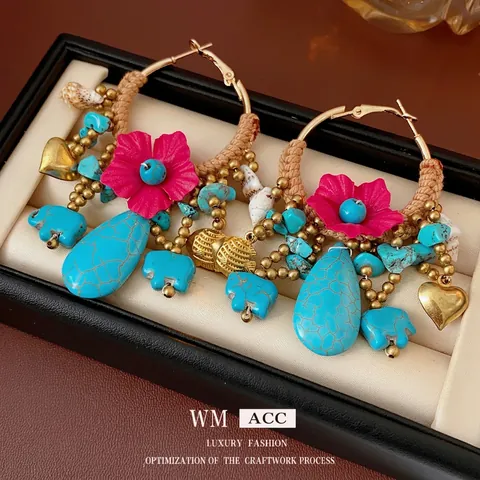Pendientes De Aro Bohemios Con Cuentas Turquesas Flores De Tela Conchas Y Poste De Plata De Ley 925