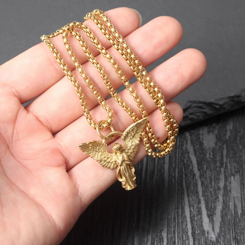 Collar Con Colgante De Ángel Retro Acero Inoxidable Alas De Oración Hip Hop Joyería Para Hombre Y Mujer