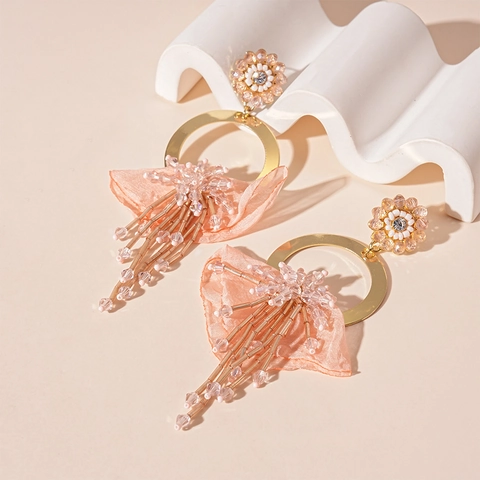 Flower Tassel Hoop Earrings With Silver Earring Post Alloy Rhinestone Chiffon Vacation Bohemian Style Women