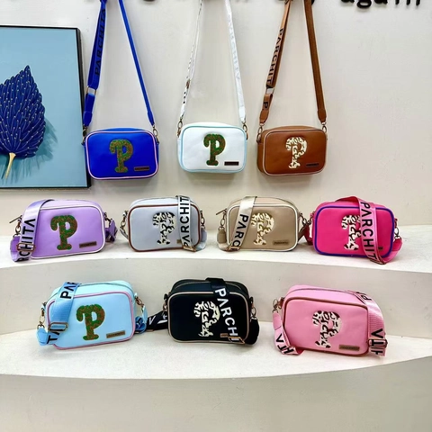 Women Crossbody Bag PU Leather Fashion Square Shoulder Bag With Wide Letter Print Strap And Large P Patch Decor