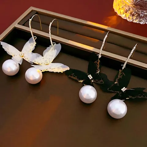 Orecchini A Goccia Farfalla In Tulle E Künstliche Perle Con Strass E Perno In Argento Gioielli Eleganti Vintage Da Donna
