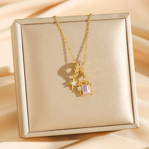 Collier Pendentif Étoile Pierre Rose Carrée Acier Inoxydable Zircon Chaîne De Clavicule Pour Femmes Bijoux