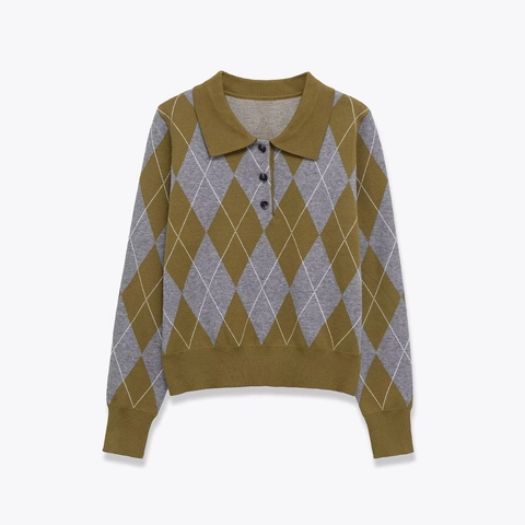 Maglione In Maglia Argyle Da Donna Collo Polo Maniche Lunghe Stile Vintage Preppy Abbigliamento Autunno Inverno