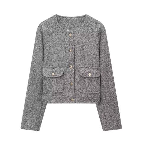 Giacca In Tweed Elegante Da Donna Girocollo Bottoni Dorati Cappotto Corto Vintage Maniche Lunghe Con Tasche
