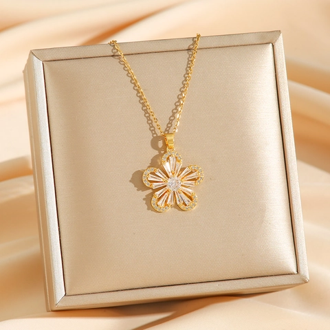 Luxus Blumen Anhänger Halskette Für Damen Titanstahl Mit Baguetteschliff Zirkonia Elegant Schmuck Koreanischer Stil