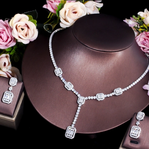 Lussuoso Set di Gioielli in Rame e Zirconia Tono Argento Collana con Pendente Rettangolare Geometrico Orecchini Pendenti per Sposa Matrimonio Banchetto Donna