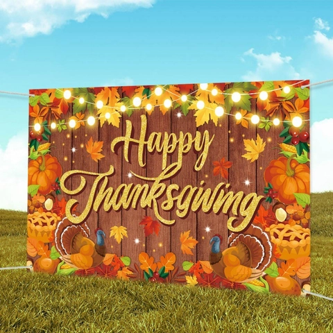 Happy Thanksgiving Backdrop Banner Autumn Harvest Pumpkin Turkey Party Decoration Large Polyester Fabric Background Wall Hanging Outdoor Indoor