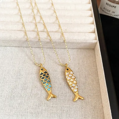 Collier Pendentif Poisson Acier Inoxydable Cuivre Émail Animal Longue Chaîne Pull Bijoux Mode Élégants Femmes