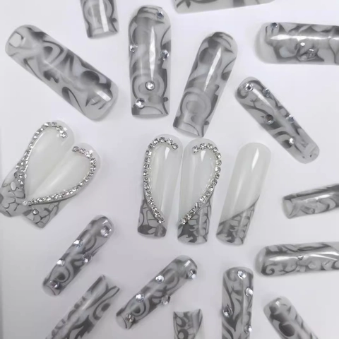 Long Coffin Press On Nails Black French Tips 3D Heart Rhinestone Marble Design Luxury Artificial False Nails For Women