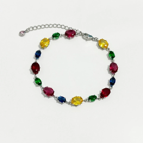 Rainbow Colorful Crystal Zircon Bracelet 18K Gold Plated Brass Oval Gemstones Adjustable Chain Women Jewelry