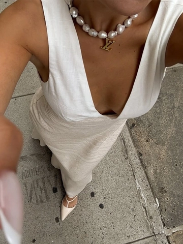 Vestido Maxi Con Cuello En V Viscosa Algodón Lino Sin Espalda Cintura Con Cordones Sin Mangas Corte Entallado Dobladillo Sirena Verano