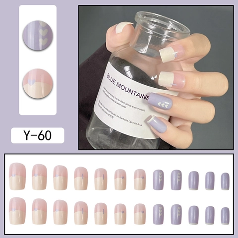 Unghie Finte A Pressione Viola Lavanda Motivo A Cuore Stile Francese Quadrato Ovale Con Colla