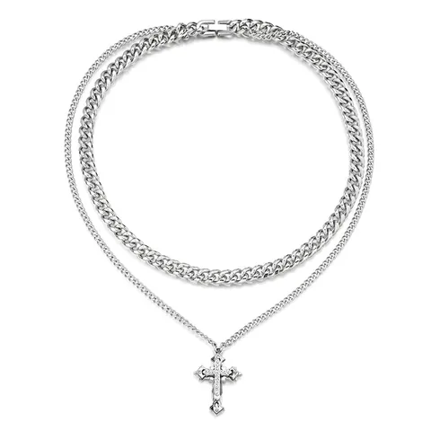 Collar con Colgante de Cruz de Acero Inoxidable para Hombre Mujer Hip Hop Cadena Cubana de Doble Capa Joyería con Strass