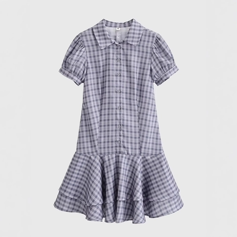 Plaid Gingham Mini Dress Polyester Short Sleeve Lapel Collar Button Up Tiered Ruffle Hem Retro Sweet Style Women