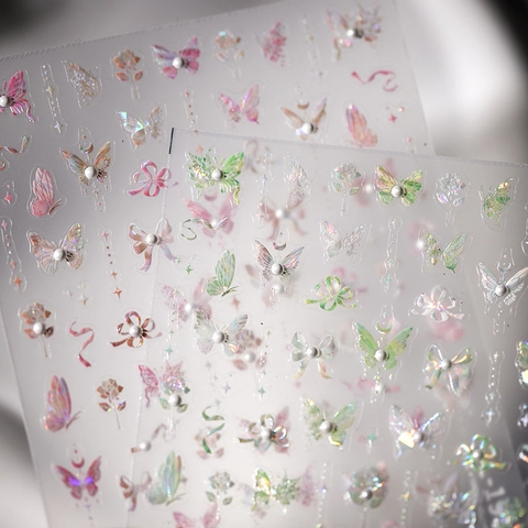 Pegatinas Uñas 5D Relieve Mariposa Holográfica Diseños Florales Decoración Manicura Autoadhesiva Con Perlas Artificiales