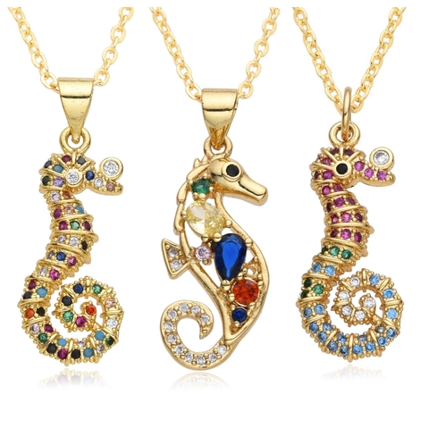 Collar Con Colgante De Caballito De Mar Cobre Chapado En Oro De 18K Circón Multicolor Micro Pavé Joyería Animal Para Mujer