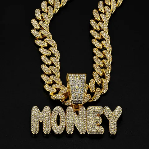 Hip Hop Money Letter Pendant Necklace Alloy Iced Out Rhinestone Cuban Link Chain Streetwear For Men Jewelry
