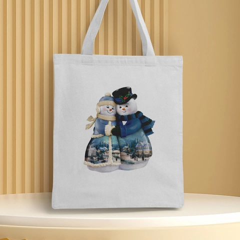 Christmas Tote Bag Polyester Canvas Reusable Shopping Handbag Festive Holiday Party Gift Santa Snowman Print