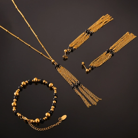 Vintage Gold Plated Titanium Steel Jewelry Set For Women Men Black Agate Beads Multi-layer Tassel Necklace Long Fringe Earrings And Splicing Bead Bracelet Retro Ethnic Style Accessories