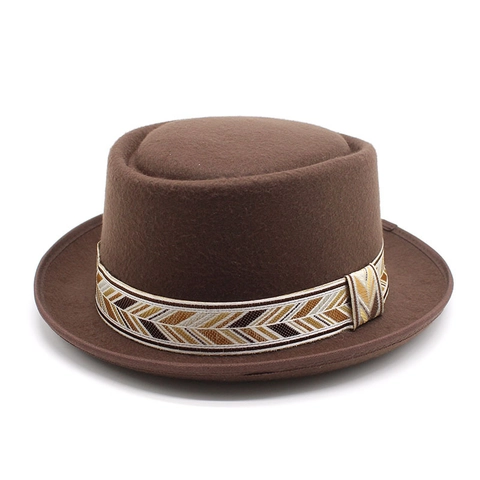 Vintage Pork Pie Hat Wool Felt Flat Top Jazz Fedora With Ethnic Woven Band Geometric Pattern For Men Women