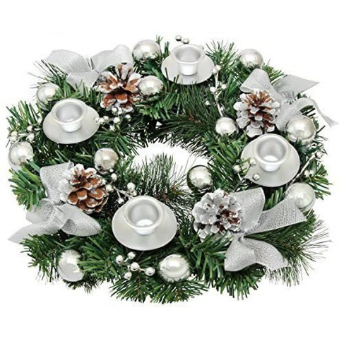 Couronne de l'Avent de Noël Chandelier Avec 4 Coupes en Métal Aiguilles de Pin Artificielles Pommes de Pin Nœud Décoration Table