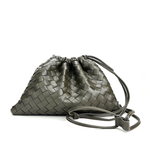 Damen Gewebte Umhängetasche Echtes Rindsleder Kordelzug Cloud Pouch Magnetverschluss Mode Schultertasche
