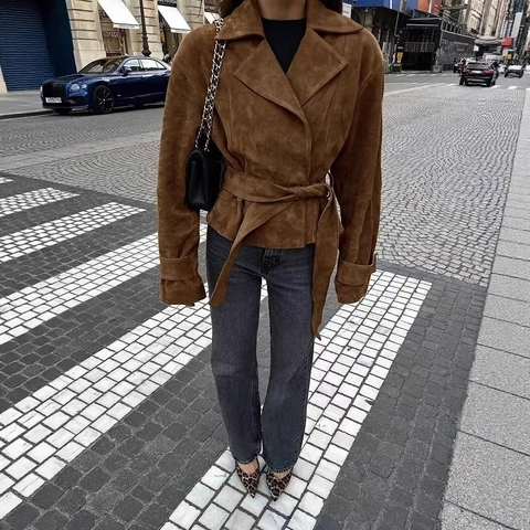 Dames Suèdejaxk Dubbele Rij Knopen Revers Korte Jas Met Riem Faux Suède Lange Mouwen Britse Stijl Casual Bovenkleding