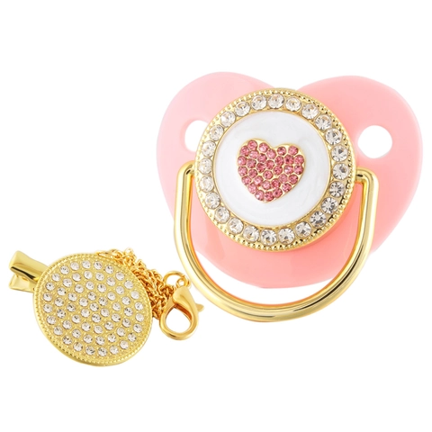 Luxury Bling Baby Pacifier And Clip Silicone Orthodontic Soother Rhinestone Crown Heart Design For Infants