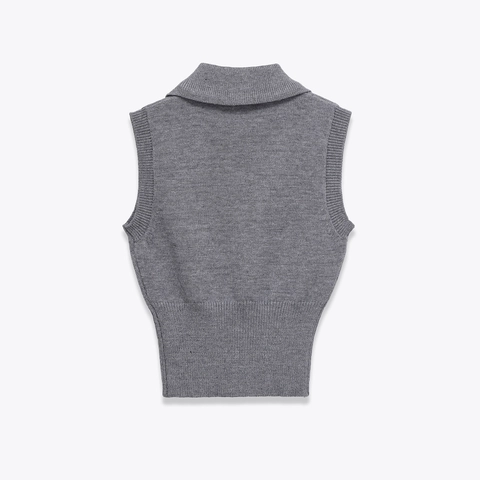Chaleco de Punto Casual para Mujer Cuello Vuelto Sin Mangas Polo Jersey Dobladillo Acanalado Gris Moda Ropa de Oficina