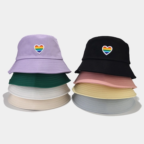 Cappello da Pescatore in Cotone Con Ricamo Cuore Arcobaleno Per Donna Protezione Solare Cappello Estivo Pieghevole