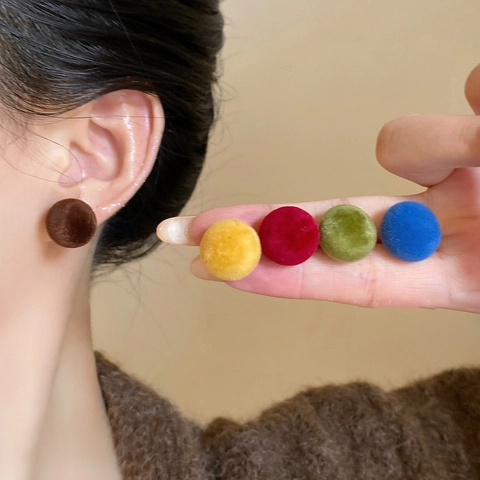 Retro Round Flocked Velvet Ball Earrings With 925 Sterling Silver Earring Post Vintage Minimalist Style For Women