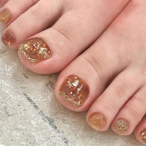 Amber Caramel Glossy Press On Toenails Marble Glitter Gold Foil Square Short Fake Toe Nails For Women