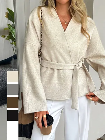 Women Long Sleeve Wrap Blazer Jacket With Belt Solid Color Casual V Neck Polyester Outerwear