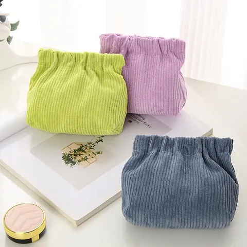 Corduroy Mini Cosmetic Bag With Snap Closure Portable Lipstick Pouch Jewelry Key Coin Organizer Soft Striped For Women