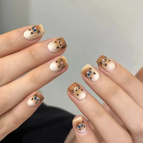 Cartoon Cat Press On Nails Brown Beige Gradient Short Square ABS Artificial False Fingernails For Women