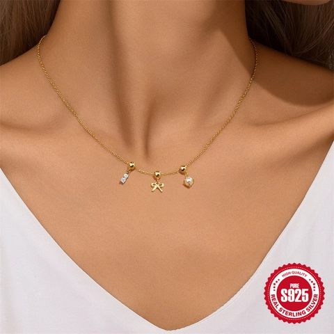 Collar de Pendiente de Plata de Ley 925 Lazo Mariposa Circonia Perla Artificial Oro Cadena de Clavícula Geométrica Mujer Joyería