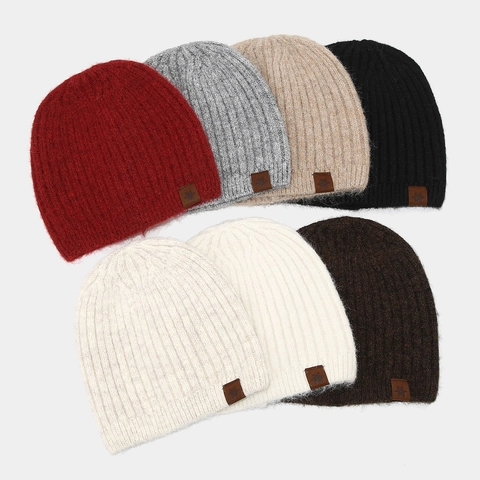 Winter Beanie Hat Wool Blend Chunky Ribbed Knit Skull Cap With Leather Snowflake Patch For Women Men Outdoor Warm