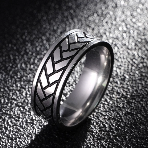 Men Band Ring Stainless Steel Vintage Industrial Punk Retro Geometric Braided Texture Engraved Wide Statement Jewelry Gift