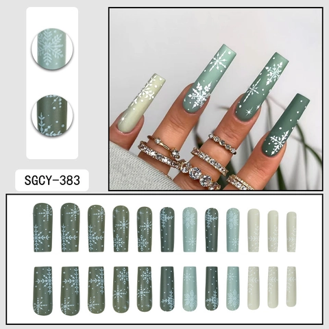 Green Gradient Coffin Press On Nails Long Snowflake Pattern Christmas Festive Winter Style Artificial Fingernails